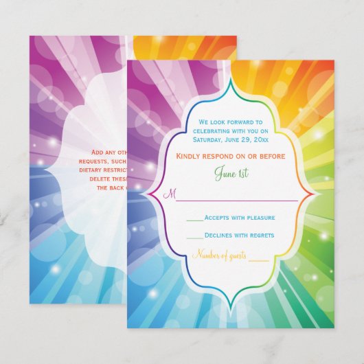 Trouwkaart met regenboogkleuren en gestreepte zonn RSVP kaartje (Voorkant / Achterkant)