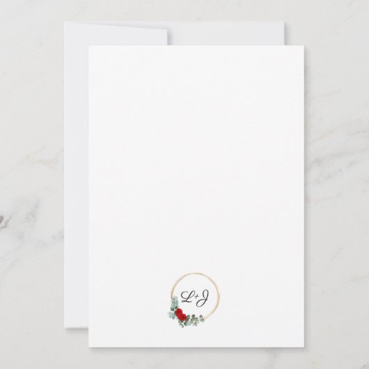 Trouwkaart met rode rozen en eucalyptus kaart (Achterkant)