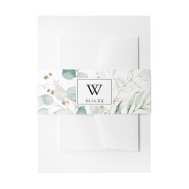 Trouwkaart met roestige eucalyptus gouden monogram uitnodigingen wikkel