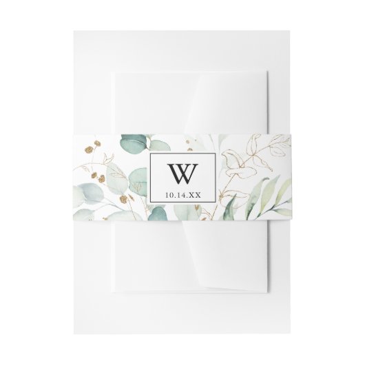 Trouwkaart met roestige eucalyptus gouden monogram uitnodigingen wikkel (Voorkant Voorbeeld)