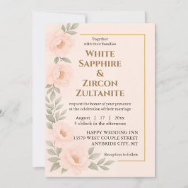 Trouwkaart met roze bloemen en gouden lijst kaart