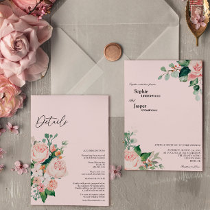 Trouwkaart met roze bloemendetails in één geheel kaart