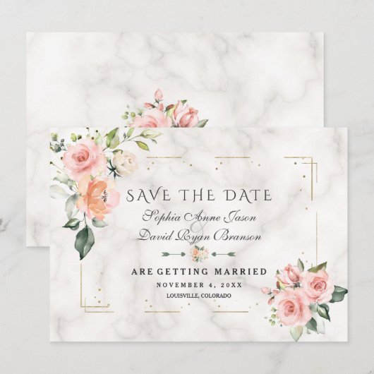 Trouwkaart met Roze Blush Crème Bloemen en Goud Gl Save The Date (Voorkant / Achterkant)