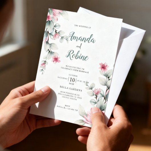 Trouwkaart met roze en saliegroene tinten kaart