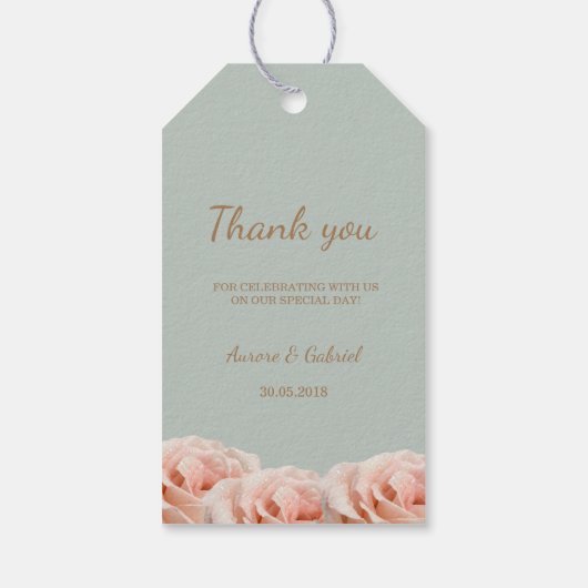 Trouwkaart met Roze Perzikrozen en Bloemensage Cadeaulabel (Achterkant)