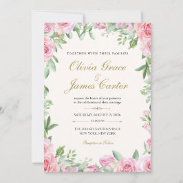 Trouwkaart met Roze Rozen | Bewerkbare Bloemen Kaart