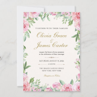 Trouwkaart met Roze Rozen | Bewerkbare Bloemen Kaart