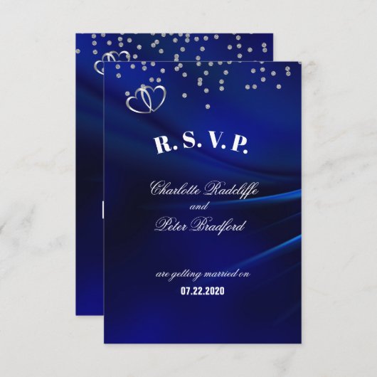 Trouwkaart met RSvP - Royal Blue Diamonds & Hearts (Voorkant / Achterkant)