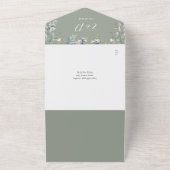 Trouwkaart met saliegroene bloemenscript en QR-cod All In One Uitnodiging (Buitenkant)