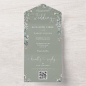 Trouwkaart met saliegroene bloemenscript en QR-cod All In One Uitnodiging (Binnen)