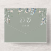 Trouwkaart met saliegroene bloemenscript en QR-cod All In One Uitnodiging (Achterkant)