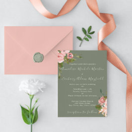 Trouwkaart met saliegroene en roze bloemen kaart