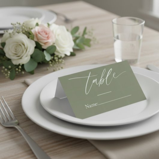 Trouwkaart met saliegroene kleur en elegante schri plaatskaartje