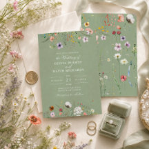 Trouwkaart met saliegroene wilde bloemen