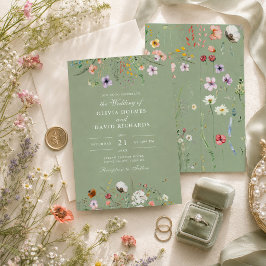 Trouwkaart met saliegroene wilde bloemen kaart