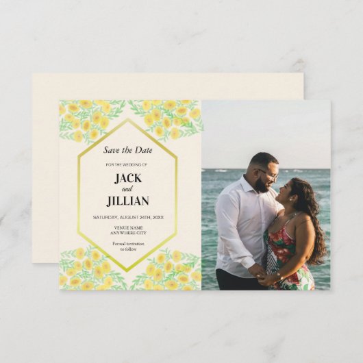 Trouwkaart met samengestelde kaders van goudsbloem bedankkaart (Voorkant / Achterkant)