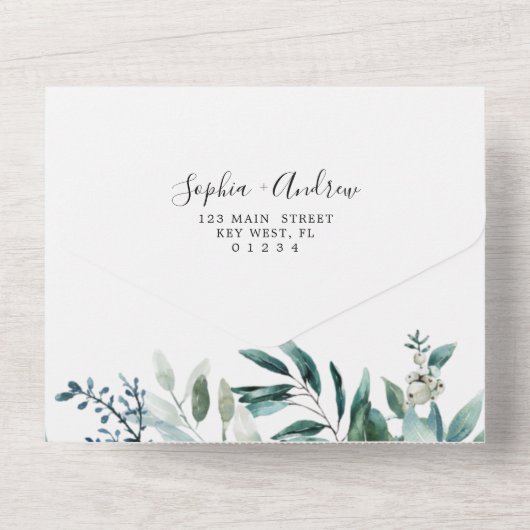 Trouwkaart met smaragdgroene beplanting alles in é all in one uitnodiging (Achterkant)