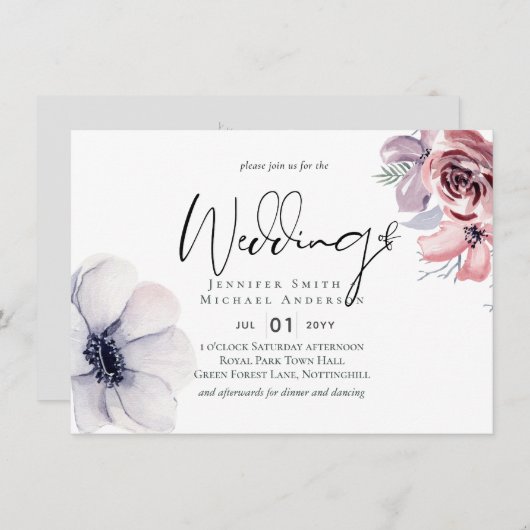 Trouwkaart met stoffig blauwe koraal moderne bruil (Voorkant / Achterkant)