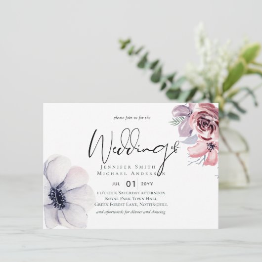 Trouwkaart met stoffig blauwe koraal moderne bruil (Staand voorkant)