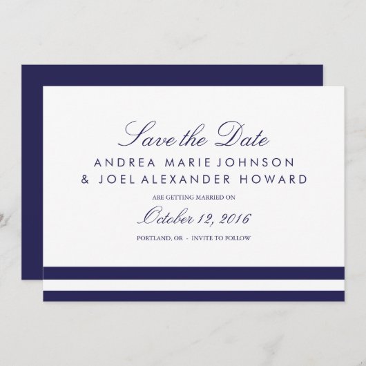Trouwkaart met strepen in marineblauw 'Save the Da Save The Date (Voorkant / Achterkant)