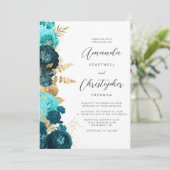 Trouwkaart met teal aqua goud bloemencode QR Kaart (Staand voorkant)