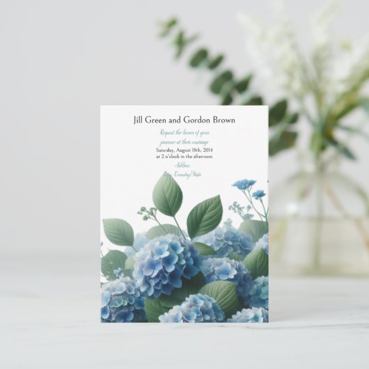 Trouwkaart met tere blauwe hortensia kaart (Staand voorkant)