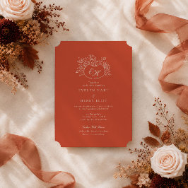 Trouwkaart met terracotta pompoen monogram kaart