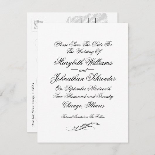 Trouwkaart met Toile & Calligraphy 'Save The Date' Uitnodiging Briefkaart (Voorkant / Achterkant)