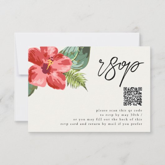 Trouwkaart met tropische bloem en QR-code RSVP Kaartje (Voorkant)