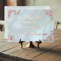 Trouwkaart met vintage aqua pioen roos folie save 