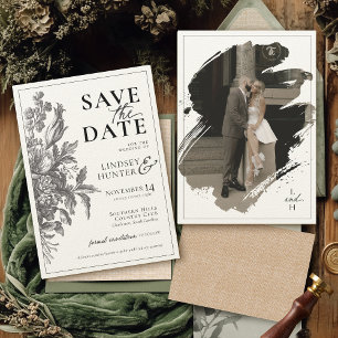 Trouwkaart met vintage bloemen in zwart en ecru bo save the date