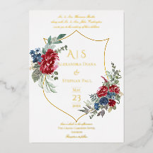 Trouwkaart met vintage bloemen magenta wapenschild