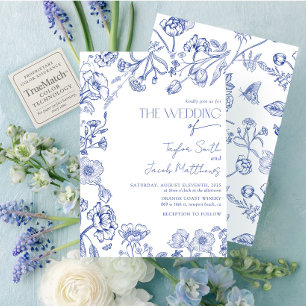 Trouwkaart met Vintage Bloemmotief in Blauwe en Wi Kaart