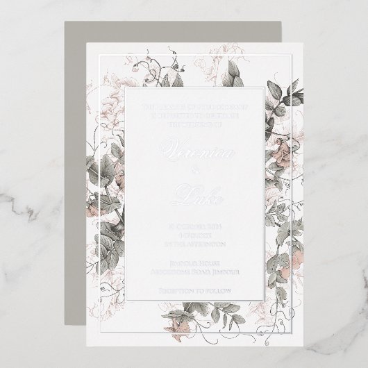 Trouwkaart met vintage botanische bloemen folie uitnodiging (Voorkant / Achterkant)