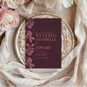 Trouwkaart met vintage botanische pruim-bourgondis kaart