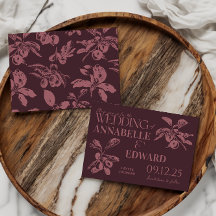 Trouwkaart met vintage botanische pruim burgundy