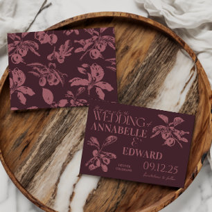 Trouwkaart met vintage botanische pruim burgundy kaart