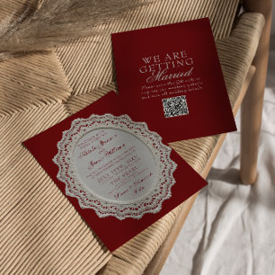 Trouwkaart met vintage Bourgondië kant en QR-code Kaart