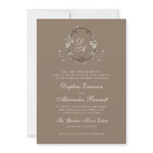 Trouwkaart met vintage bruine bloemen en monogram