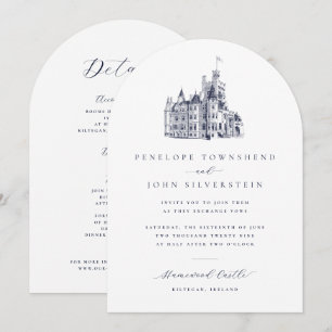 Trouwkaart met vintage kasteel en dubbele boog kaart