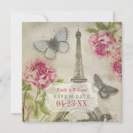 Trouwkaart met vintage Paris peonies Save the Date