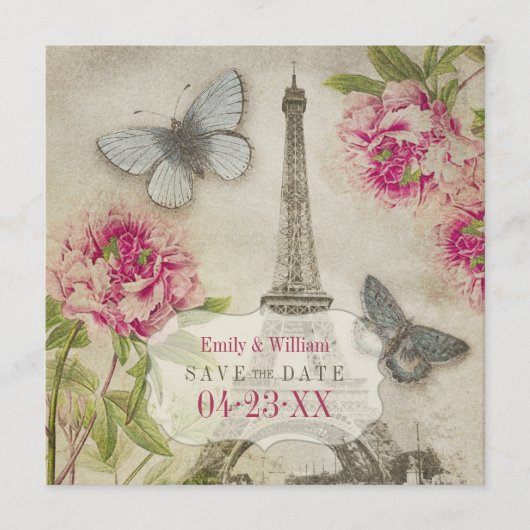 Trouwkaart met vintage pioenrozen uit Parijs Save The Date (Voorkant)