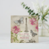 Trouwkaart met vintage pioenrozen uit Parijs Save The Date (Staand voorkant)