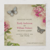 Trouwkaart met vintage pioenrozen uit Parijs Save The Date (Achterkant)