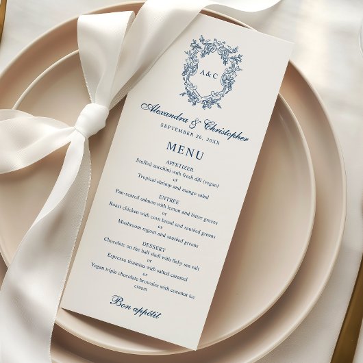 Trouwkaart met vintage Regency-stijl monogram wape Menu