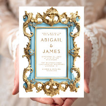 Trouwkaart met vintage rococo blauw gouden lijst