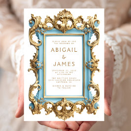 Trouwkaart met vintage rococo blauw gouden lijst kaart