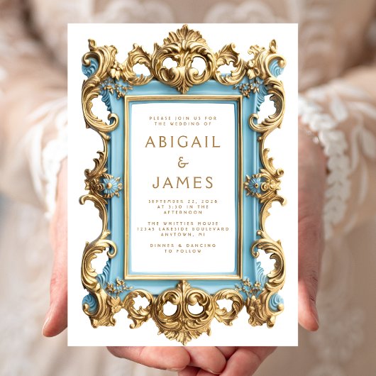 Trouwkaart met vintage rococo blauw gouden lijst kaart