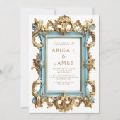 Trouwkaart met vintage rococo blauw gouden lijst kaart (Voorkant)