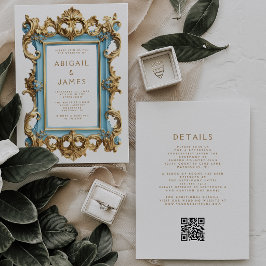 Trouwkaart met vintage rococo lijst blauw goud QR- Kaart